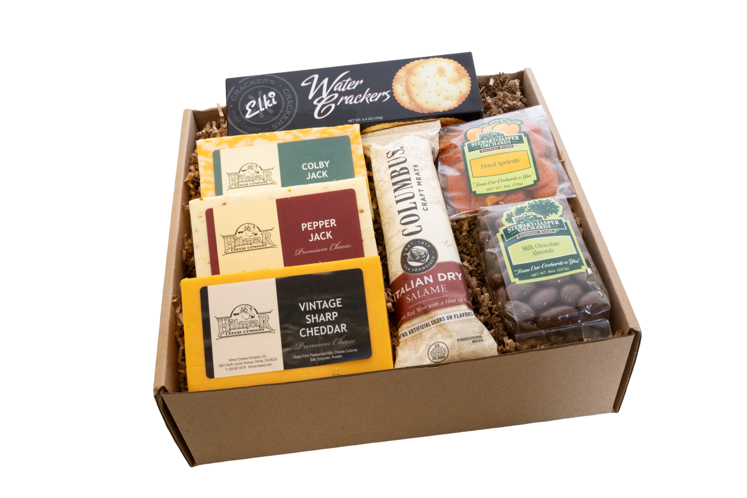 gift box with cheese salami, nuts, crackers and dried fruit