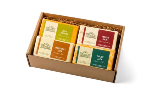 gift box of one pound blocks of pepper jack, Monterey jack, Colby jack and mild cheddar cheese.